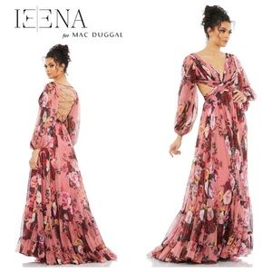 IEENA for Mac Duggal Floral Cutout Open Back Blouson Sleeve Dress
